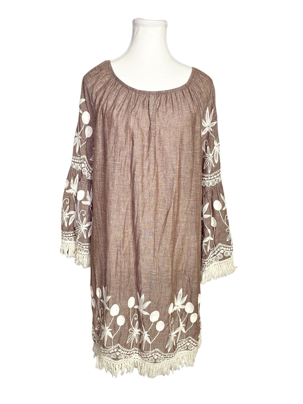 Indigo Soul Boho Embroidered Fringe Peasant Dress Brown Size XL